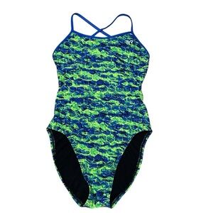 TYR Durafast One Pice Swimsuit Women's 32 Green Blue Diamondfit Team Training